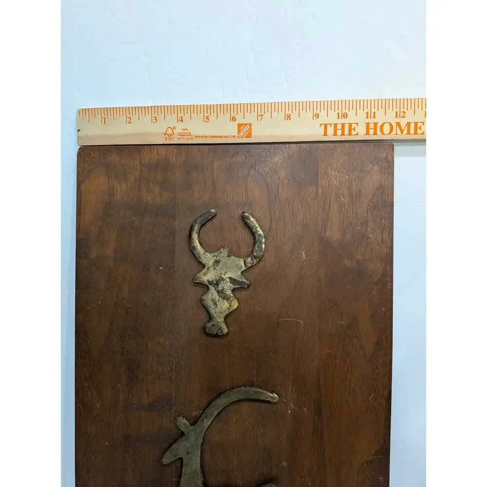 Vintage Brutalist Revival Brass Wood Wall Plaque Primitive Ibex Gazelle Bull